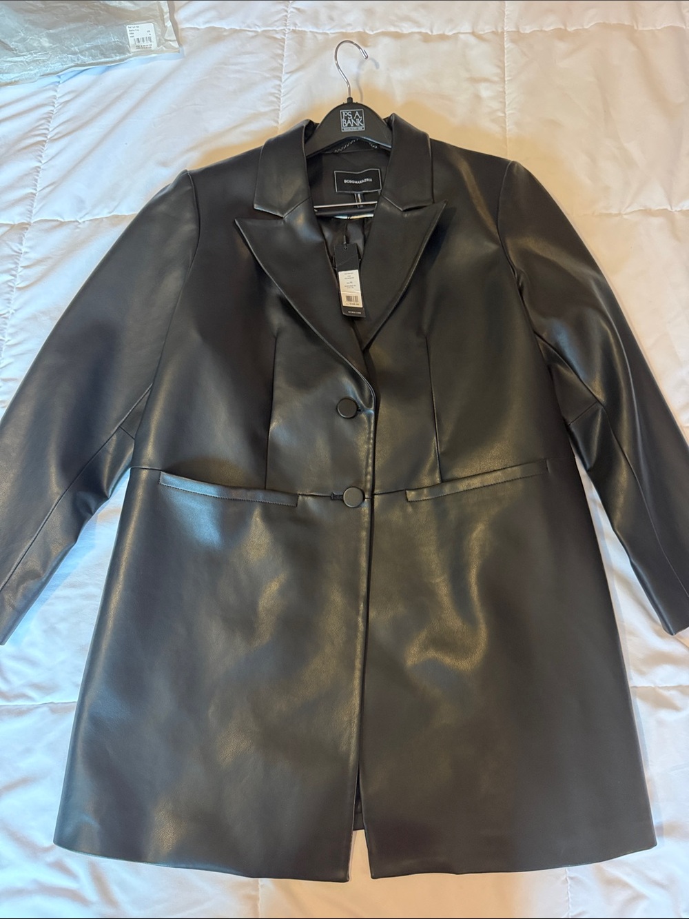 BCBGMaxAzria Black Faux Vegan Leather Single-Breasted long jacket NWT